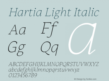 HartiaLightItalic Version 1.000 Font Sample