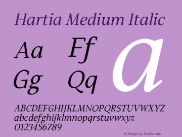 HartiaMediumItalic Version 1.000 Font Sample