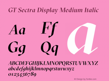 GT Sectra Display Medium Italic Version 3.002;PS 003.002;hotconv 1.0.88;makeotf.lib2.5.64775 Font Sample