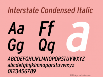 InterstateCondensed-Italic Version 1.100;PS 1.001;hotconv 16.6.51;makeotf.lib2.5.65220;Latin+Cyrillic+Greek;recalibrated图片样张