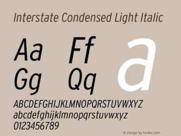 InterstateCondensed-LightItalic Version 1.100;PS 1.001;hotconv 16.6.51;makeotf.lib2.5.65220;Latin+Cyrillic+Greek;recalibrated Font Sample