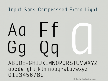 InputSansCompressed ExLight Version 0.000;PS 0.0;hotconv 1.0.72;makeotf.lib2.5.5900; ttfautohint (v0.9)图片样张