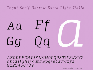 InputSerifNarrow ExLightIta Version 0.000;PS 0.0;hotconv 1.0.72;makeotf.lib2.5.5900; ttfautohint (v0.9)图片样张