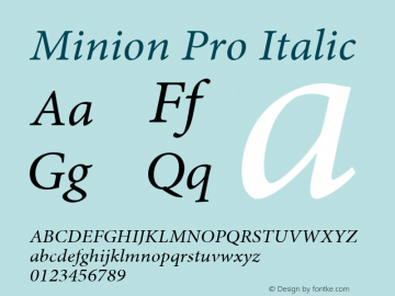 Minion Pro Italic Version 2.112;PS 2.000;hotconv 1.0.70;makeotf.lib2.5.5900 Font Sample