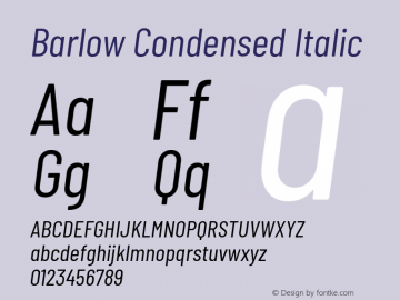 Barlow Condensed Italic Version 1.101;PS 001.101;hotconv 1.0.88;makeotf.lib2.5.64775; ttfautohint (v1.4.1) Font Sample