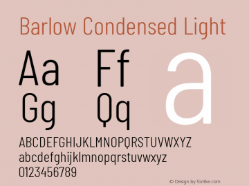 Barlow Condensed Light Version 1.101;PS 001.101;hotconv 1.0.88;makeotf.lib2.5.64775; ttfautohint (v1.4.1) Font Sample