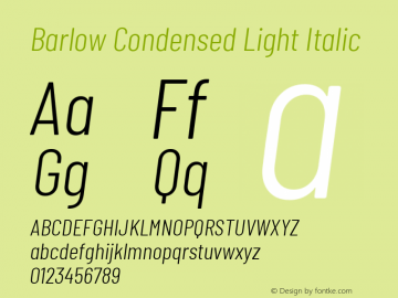 Barlow Condensed Light Italic Version 1.101;PS 001.101;hotconv 1.0.88;makeotf.lib2.5.64775; ttfautohint (v1.4.1) Font Sample