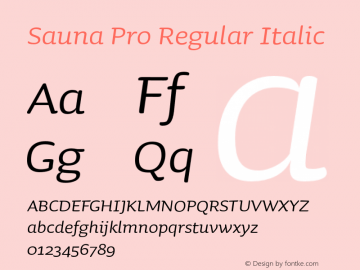 SaunaPro-RegularItalic Version 2.500 Font Sample