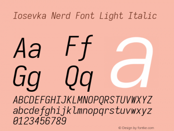 Iosevka Term SS04 Light Italic Nerd Font Version 3.2.2; ttfautohint (v1.8.3) Font Sample