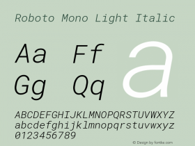 Roboto Mono Light Italic Version 3.000; ttfautohint (v1.8.3)图片样张