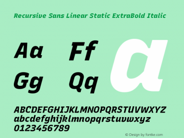 Recursive Sn Lnr St XBd Italic Version 1.520;hotconv 1.0.112;makeotfexe 2.5.65598; ttfautohint (v1.8.3)图片样张