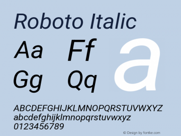 Roboto Italic Version 3.001007080078125; 2020 Font Sample