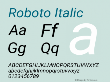 Roboto Italic Version 3.001007080078125; 2020 Font Sample