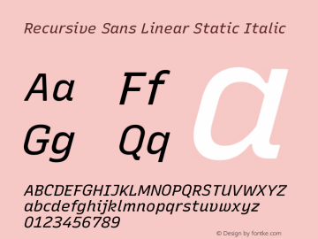 Recursive Sn Lnr St Italic Version 1.054;hotconv 1.0.112;makeotfexe 2.5.65598; ttfautohint (v1.8.3)图片样张