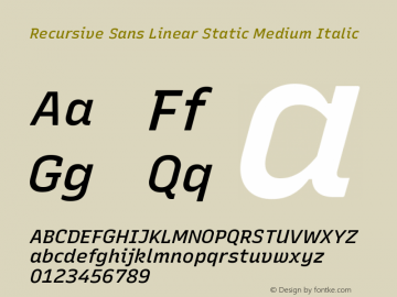 Recursive Sn Lnr St Med Italic Version 1.054;hotconv 1.0.112;makeotfexe 2.5.65598; ttfautohint (v1.8.3)图片样张