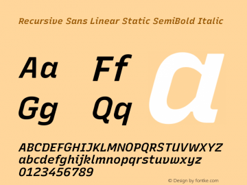 Recursive Sn Lnr St SmB Italic Version 1.054;hotconv 1.0.112;makeotfexe 2.5.65598; ttfautohint (v1.8.3)图片样张