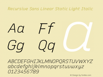 Recursive Sn Lnr St Lt Italic Version 1.054;hotconv 1.0.112;makeotfexe 2.5.65598; ttfautohint (v1.8.3)图片样张