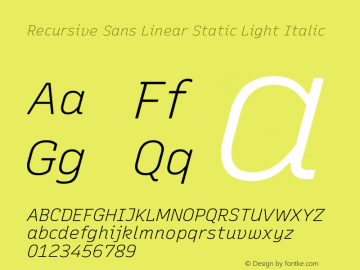Recursive Sn Lnr St Lt Italic Version 1.059;hotconv 1.0.115;makeotfexe 2.5.65600; ttfautohint (v1.8.3)图片样张