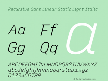 Recursive Sn Lnr St Lt Italic Version 1.061;hotconv 1.0.115;makeotfexe 2.5.65600; ttfautohint (v1.8.3)图片样张