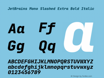 JetBrains Mono Slashed Extra Bold Italic 2.002; featfreeze: calt,zero Font Sample