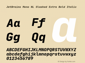 JetBrains Mono NL Slashed Extra Bold Italic 2.002; featfreeze: calt,zero Font Sample