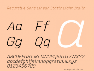 Recursive Sn Lnr St Lt Italic Version 1.065;hotconv 1.0.115;makeotfexe 2.5.65600; ttfautohint (v1.8.3)图片样张