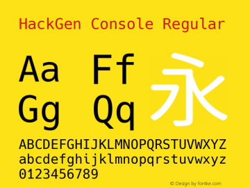 HackGen Console Regular Version 2.2.0 ; ttfautohint (v1.8.1) -l 6 -r 45 -G 200 -x 14 -D latn -f none -m 