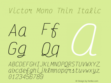 Victor Mono Thin Italic Version 1.420;hotconv 1.0.109;makeotfexe 2.5.65596 Font Sample