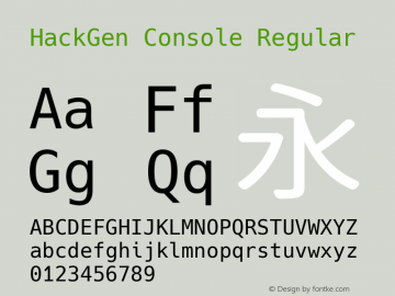 HackGen Console Regular Version 2.2.2 ; ttfautohint (v1.8.1) -l 6 -r 45 -G 200 -x 14 -D latn -f none -m 