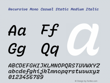 Recursive Mn Csl St Med Italic Version 1.068;hotconv 1.0.115;makeotfexe 2.5.65600; ttfautohint (v1.8.3) Font Sample