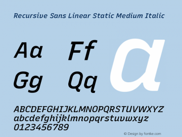 Recursive Sn Lnr St Med Italic Version 1.069;hotconv 1.0.115;makeotfexe 2.5.65600; ttfautohint (v1.8.3)图片样张