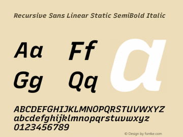 Recursive Sn Lnr St SmB Italic Version 1.069;hotconv 1.0.115;makeotfexe 2.5.65600; ttfautohint (v1.8.3)图片样张