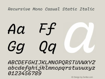 Recursive Mn Csl St Italic Version 1.072;hotconv 1.0.112;makeotfexe 2.5.65598; ttfautohint (v1.8.3)图片样张