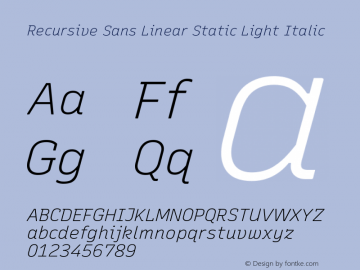 Recursive Sn Lnr St Lt Italic Version 1.072;hotconv 1.0.112;makeotfexe 2.5.65598; ttfautohint (v1.8.3)图片样张