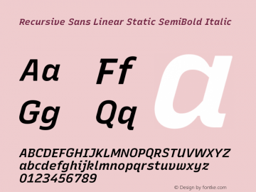 Recursive Sn Lnr St SmB Italic Version 1.072;hotconv 1.0.112;makeotfexe 2.5.65598; ttfautohint (v1.8.3)图片样张