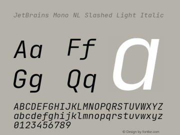 JetBrains Mono NL Slashed Light Italic Version 2.225; ttfautohint (v1.8.3); featfreeze: zero Font Sample