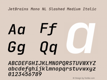 JetBrains Mono NL Slashed Medium Italic Version 2.225; ttfautohint (v1.8.3); featfreeze: zero Font Sample