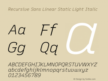 Recursive Sn Lnr St Lt Italic Version 1.073;hotconv 1.0.112;makeotfexe 2.5.65598; ttfautohint (v1.8.3)图片样张
