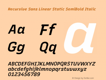 Recursive Sn Lnr St SmB Italic Version 1.073;hotconv 1.0.112;makeotfexe 2.5.65598; ttfautohint (v1.8.3)图片样张