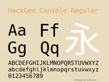 HackGen Console Regular Version 2.3.0 ; ttfautohint (v1.8.1) -l 6 -r 45 -G 200 -x 14 -D latn -f none -m 