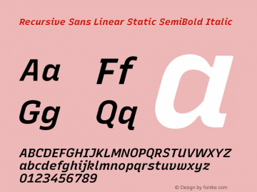 Recursive Sn Lnr St SmB Italic Version 1.075;hotconv 1.0.112;makeotfexe 2.5.65598; ttfautohint (v1.8.3)图片样张