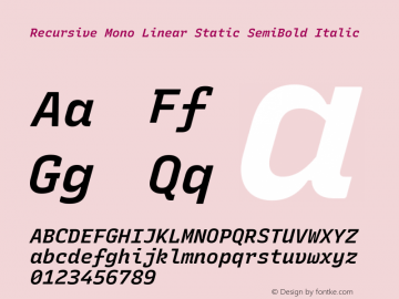 Recursive Mn Lnr St SmB Italic Version 1.077;hotconv 1.0.112;makeotfexe 2.5.65598; ttfautohint (v1.8.3) Font Sample