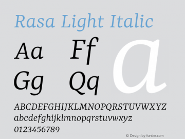 Rasa Light Italic Version 2.000; ttfautohint (v1.8.3) Font Sample