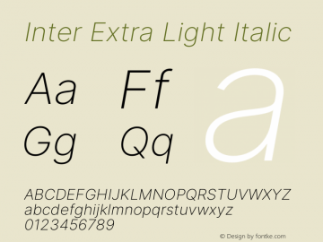 Inter Extra Light Italic Version 3.018;git-588b23468 Font Sample