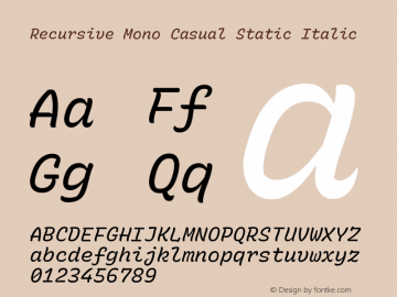 Recursive Mn Csl St Italic Version 1.078;hotconv 1.0.112;makeotfexe 2.5.65598; ttfautohint (v1.8.3) Font Sample
