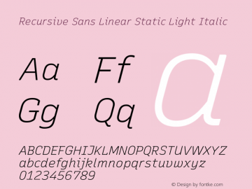 Recursive Sn Lnr St Lt Italic Version 1.078;hotconv 1.0.112;makeotfexe 2.5.65598; ttfautohint (v1.8.3)图片样张
