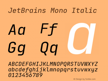 JetBrains Mono Italic Version 2.230; ttfautohint (v1.8.3) Font Sample