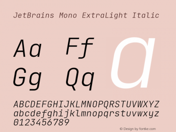 JetBrains Mono ExtraLight Italic Version 2.230; ttfautohint (v1.8.3)图片样张
