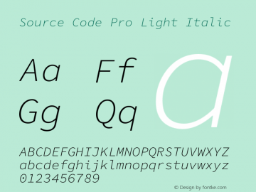 Source Code Pro Light Italic Version 1.052;hotconv 1.0.115;makeotfexe 2.5.65600 Font Sample