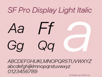 SF Pro Display Light Italic Version 03.0d8e1 (Sys-15.0d4e20m7) Font Sample